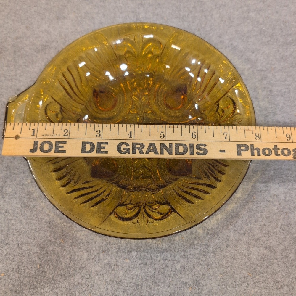Vintage Amber Glass Divided Relish Dish Peacock Eye Pattern Tab Handle Serving - Picture 3 of 8